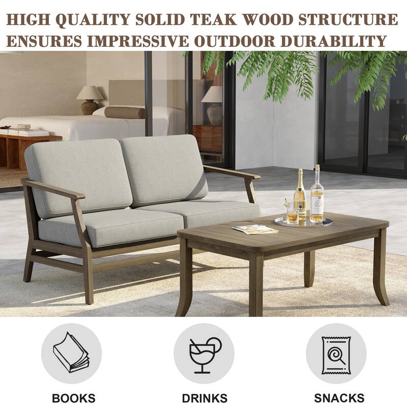 Outdoor Loveseat Sofa with Coffee Table Teak Wood Patio Furniture