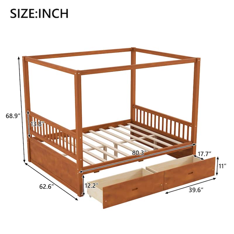 Wooden Canopy Bed with Storage Drawers, Low-Profile Four Poster Platform Bed with Wood Slat Support, No Box Spring Needed
