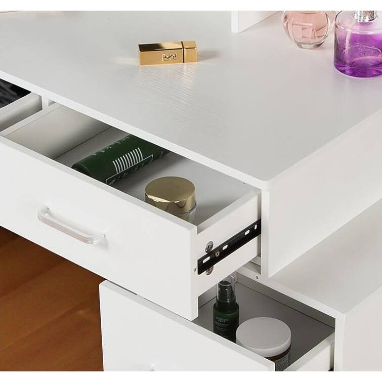 Adjustable Vanity Table with LED Mirror, 5 Drawers, Sliding Storage & Stool, Touch Light Modes