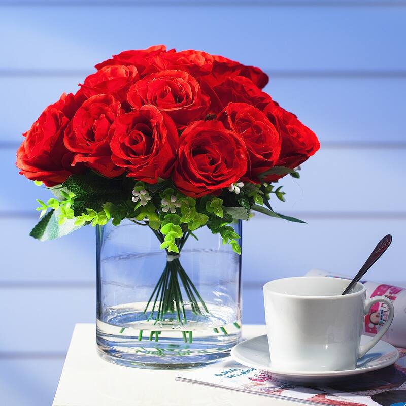 Enova Home Artificial Open Fake Silk Roses Flowers Arrangement in Clear Glass Vase with Faux Water for Home Wedding Decoration