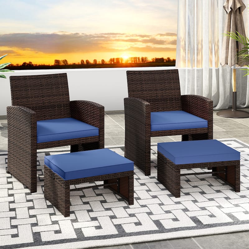 Set of 2 Outdoor Rattan Footstools Ottomans with Cushions for Patio Decor or Garden Seating - 16" L x 19" W x 9.5" H