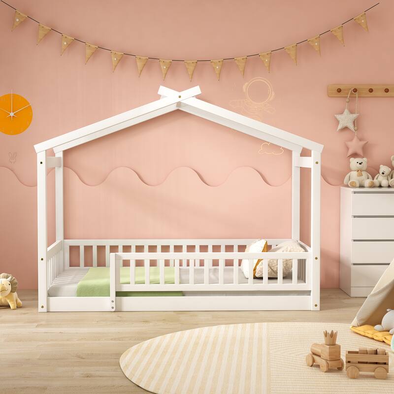 Twin Size House Bed Frame with Fence and Roof, Kids Playhouse Design