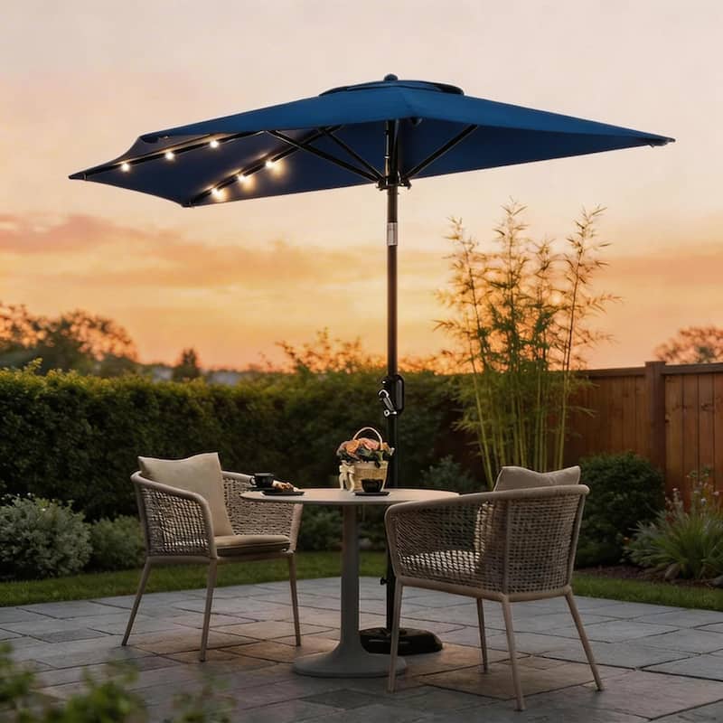 9ft Outdoor Patio Half Umbrella, with Solar LED Lights and Smooth Crank Lift - Navy Blue