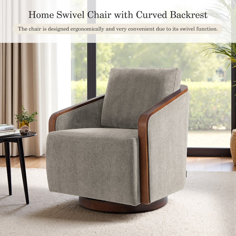 Upholstered Swivel Barrel Chair with Curved Wood Arms