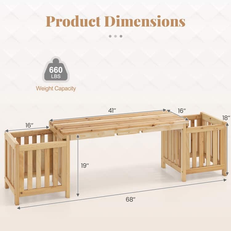 Natural Fir Wood Outdoor Bench with Planters 2-in-1 Patio Seating - 68" x 16" x 19"