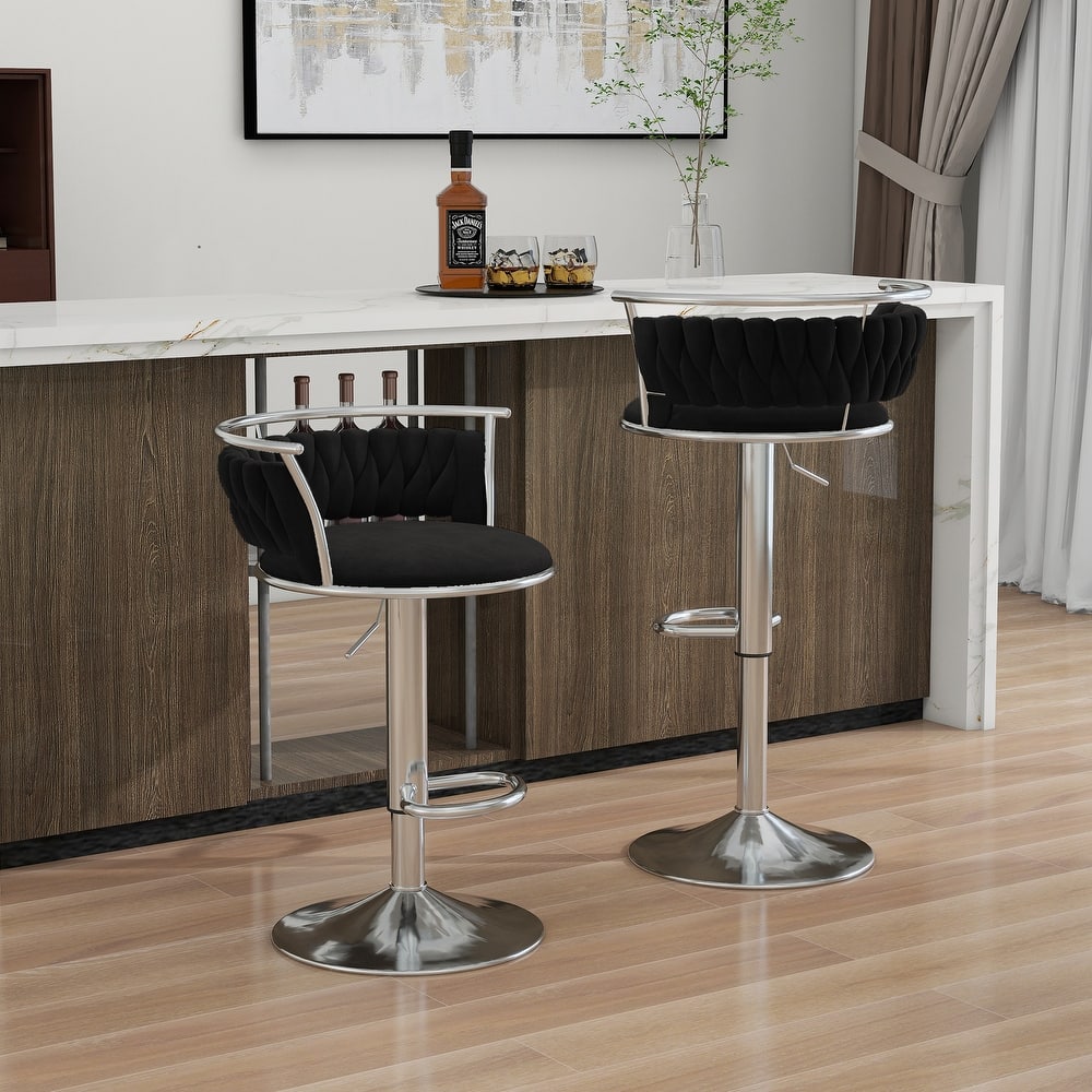 2 Set Velvet Swivel Adjustable Bar Stools with Footrest