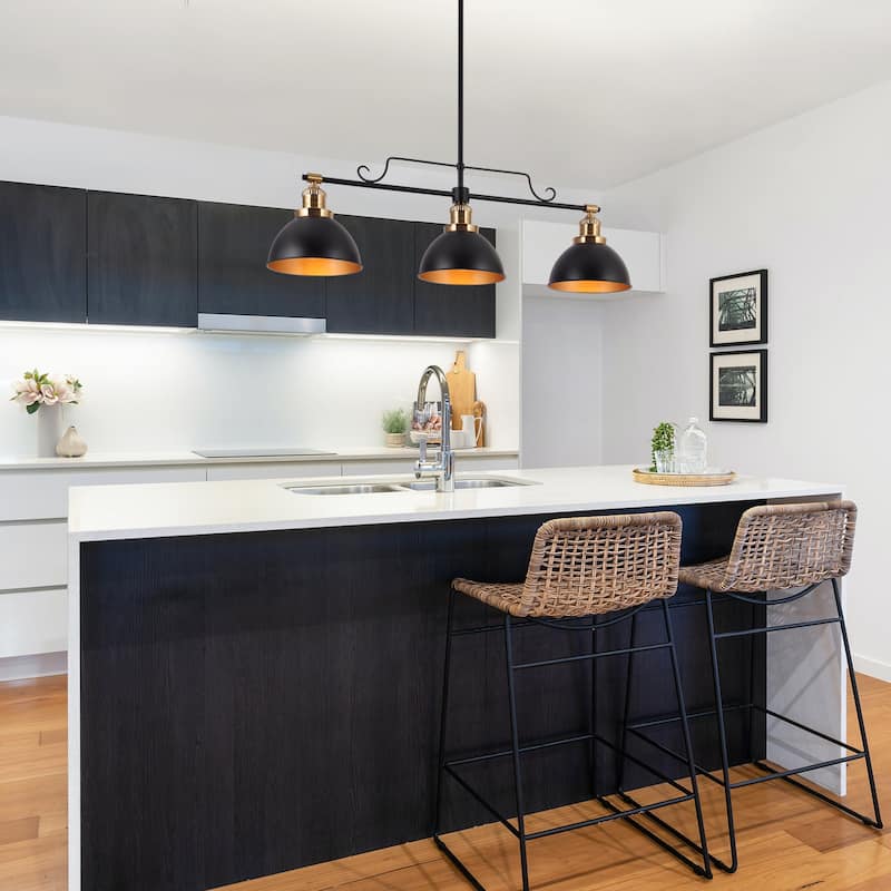 Modern 3-Light Black Gold Linear Chandelier Bowl Metal Kitchen Island Pendant Lighting for Dining Room - 34.5"L x 8"W x 11"H