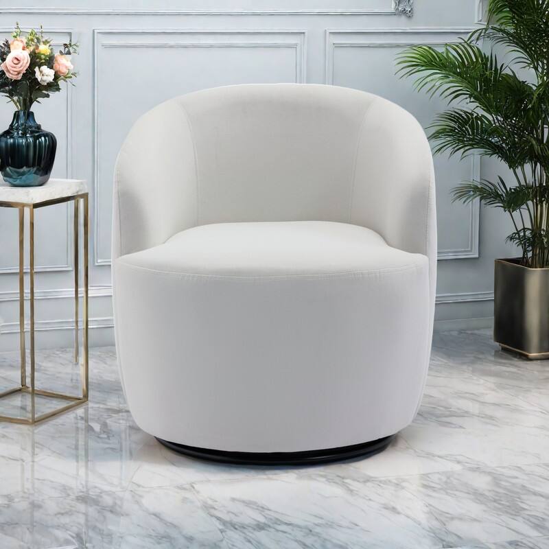 Velvet Swivel Barrel Chair 360° Rotating Accent Chair with Black Metal Base - White