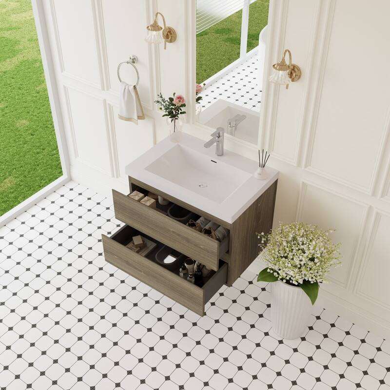 ABRUZZO 30" Floating Single Bathroom Vanity Wall-Mounted with Integrated Resin Top Basin 2 Soft Close Drawers Full Assembly