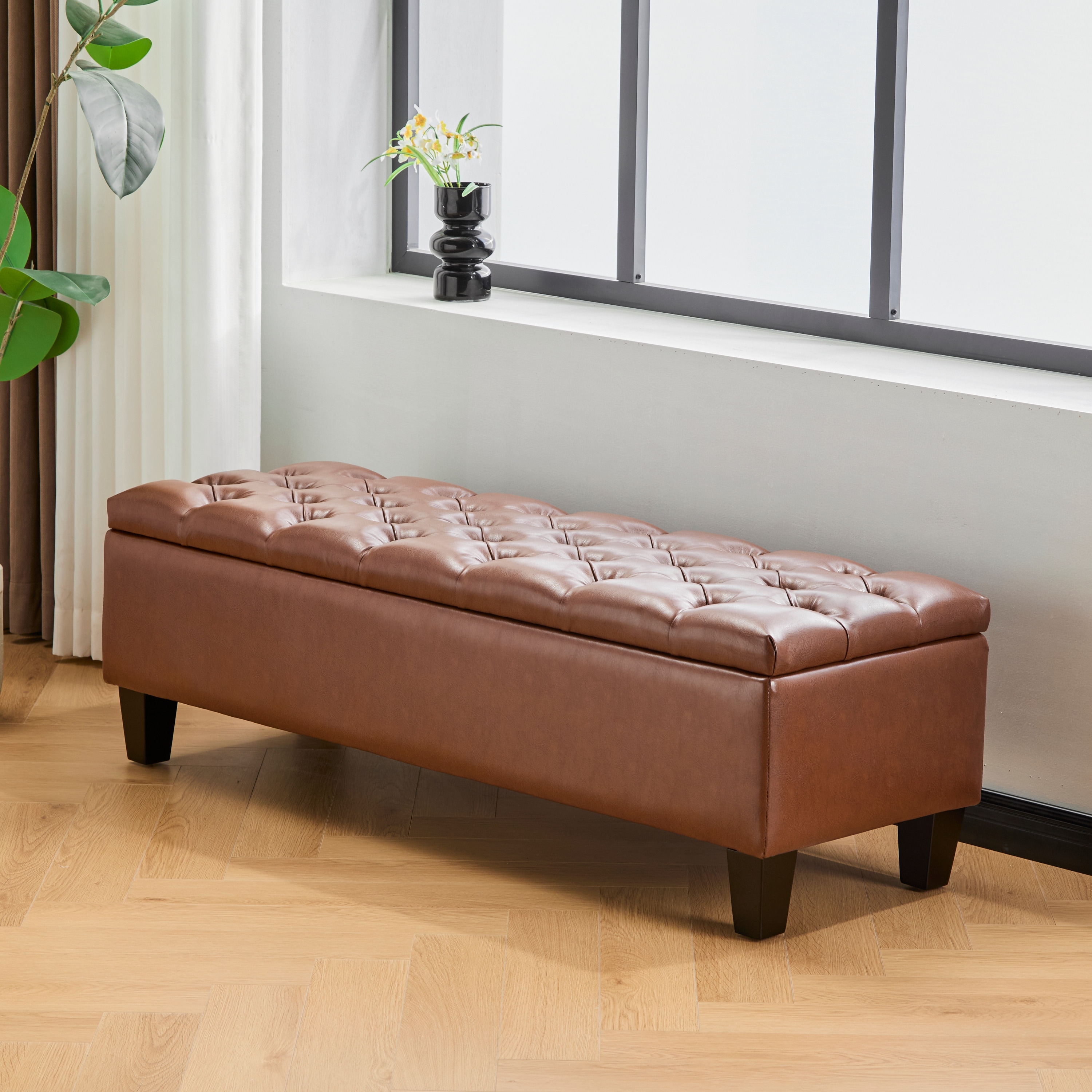 Roomfitters Tufted Storage Ottoman Bench, Faux Leather Upholstered Seat with Wood Legs, Entryway or Bedroom Use