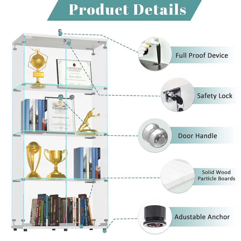 Glass Display Cabinet with Doors & Locks, Acrylic Shelves, Floor Standing Storage Showcase for Home or Office