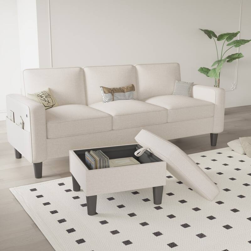 77.95" Linen Fabric Sectional Sofa with Storage Ottoman and USB Pocket