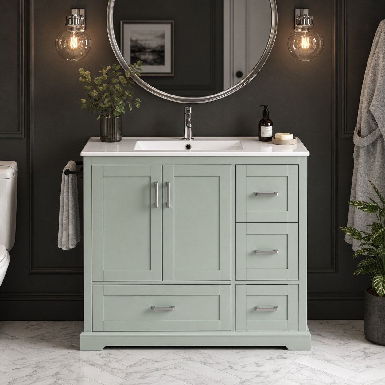 42 Inch Bathroom Vanity with Ceramic Sink, 4 Drawers, Soft-Close Doors, Inner Shelves, Freestanding MDF Cabinet