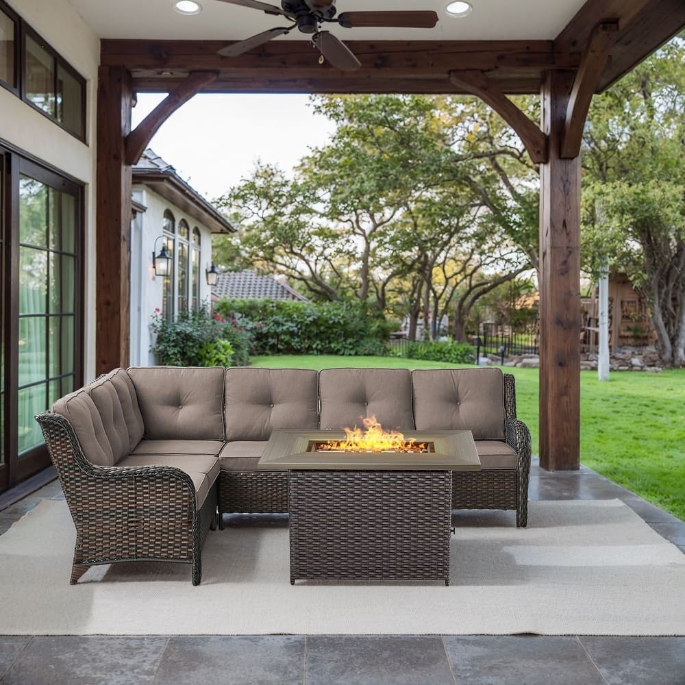 Gymojoy 2-Piece Outdoor Wicker Patio Furniture with Fire Pit and L-shaped Sectional Sofa, Coversation Set with Thick Cushions