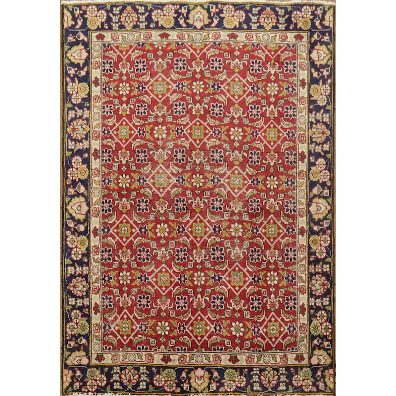 Hand Knotted Oriental 100% Wool Carpet Traditional All-Over Red Tabriz Area Rug - 5' 10'' X 4' 1''
