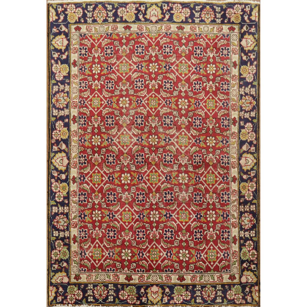 Hand Knotted Oriental 100% Wool Carpet Traditional All-Over Red Tabriz Area Rug - 5' 10'' X 4' 1''