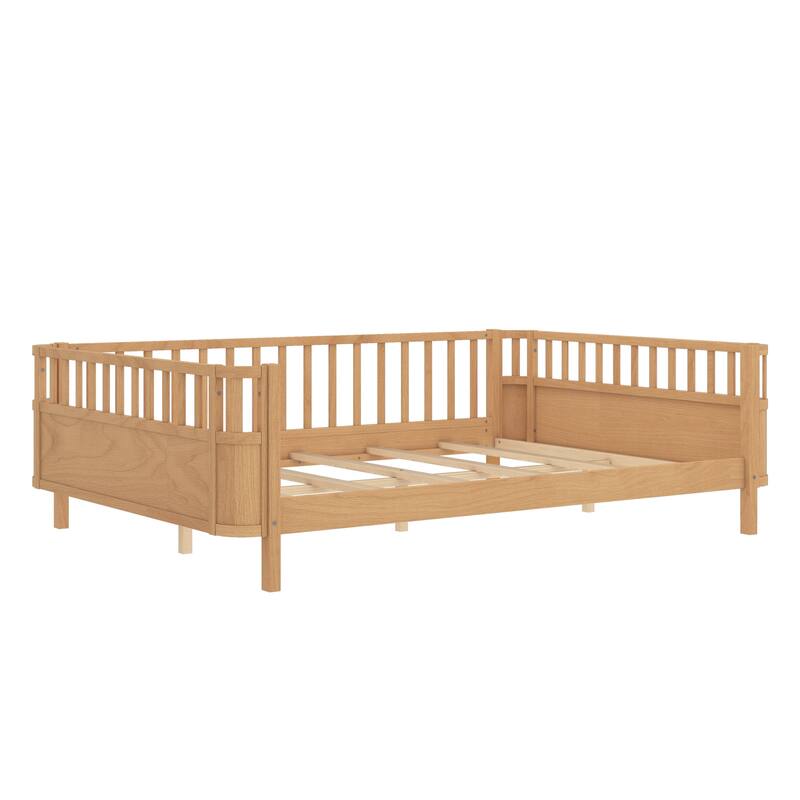 Multi Size Low Platform Bed for Kids with Rounded Corners Guardrails, Detachable Right-side Fence and Open Left-side Design