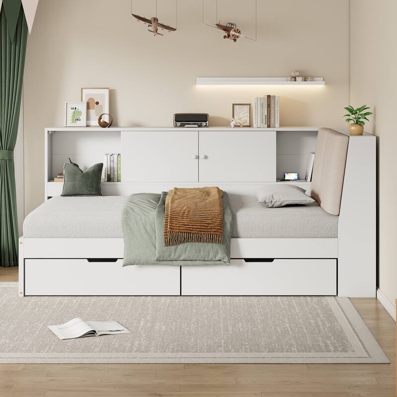 L-shaped Daybed Wooden Corner Sofa Bed Frame with Sliding Doors Bookcase Captains Bed, Upholstered Headboard Built-in Storage