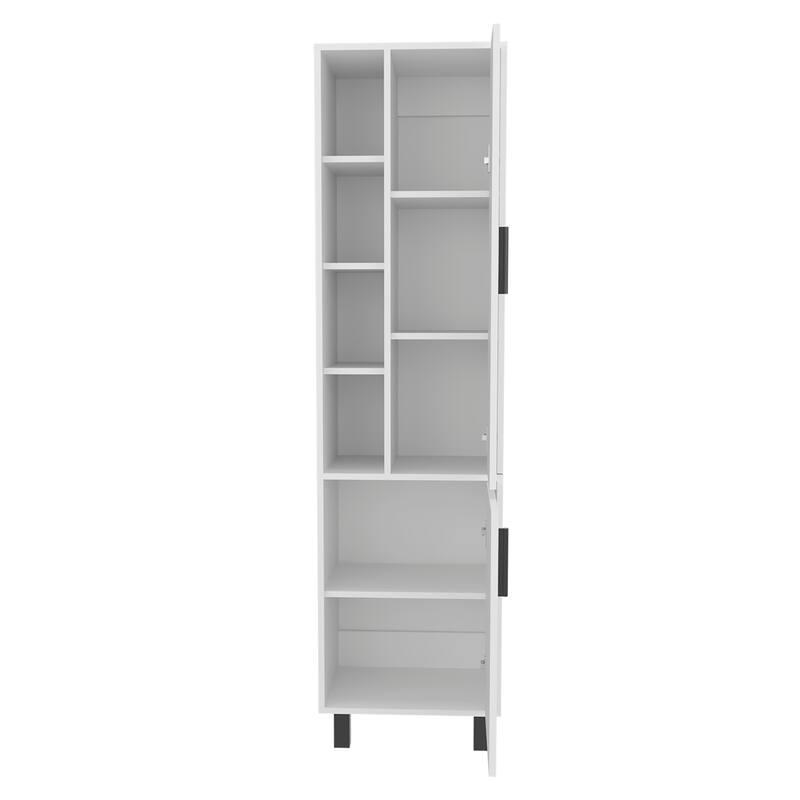 Storage Cabinet, 2 Doors, 9 Shelves, 4 Legs with durable engineered wood build, White