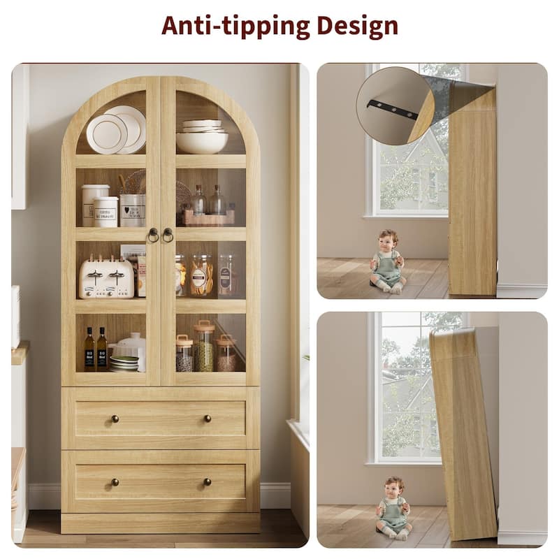 Kitchen Pantry Cabinet, 72" Tall Arched Kitchen Pantry Storage Cabinet, Wood Versatile Rustic Cupboard with Drawers