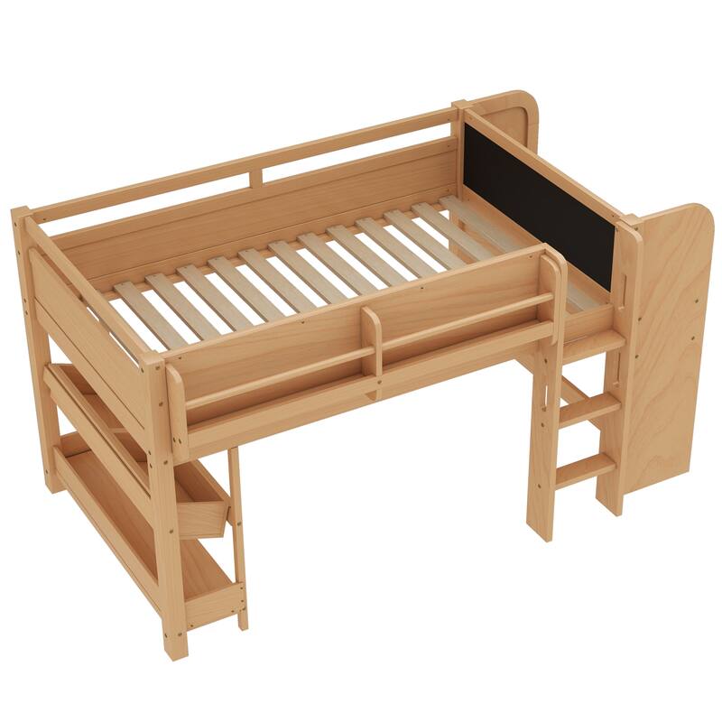 Full/Twin Size Loft Bed with Built-in Desk, Multi-Storage Bookcases & Blackboard, Solid Wood Low Loft Bed Frame