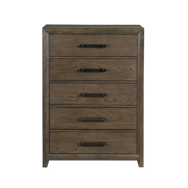 Wyn 52 Inch Tall Dresser Chest, 5 Drawers, Nickel Handles, Walnut Brown