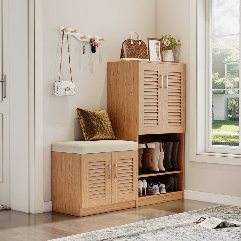 Shoe Storage Cabinet with Shutter Door, Wood Shoe Cabinet with Shoe Storage Bench, Multi Functional Shoe Rack for Entryway
