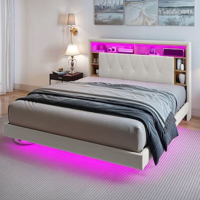 King Size Floating Bed Frame with Bookcase Storage Headboard and RGB LED Lights