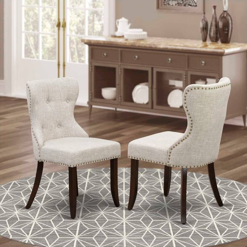 Upholstered Dining Chairs Set of 2 with Linen Fabric Seat and Nailhead Trim, Parsons Design - 21.5