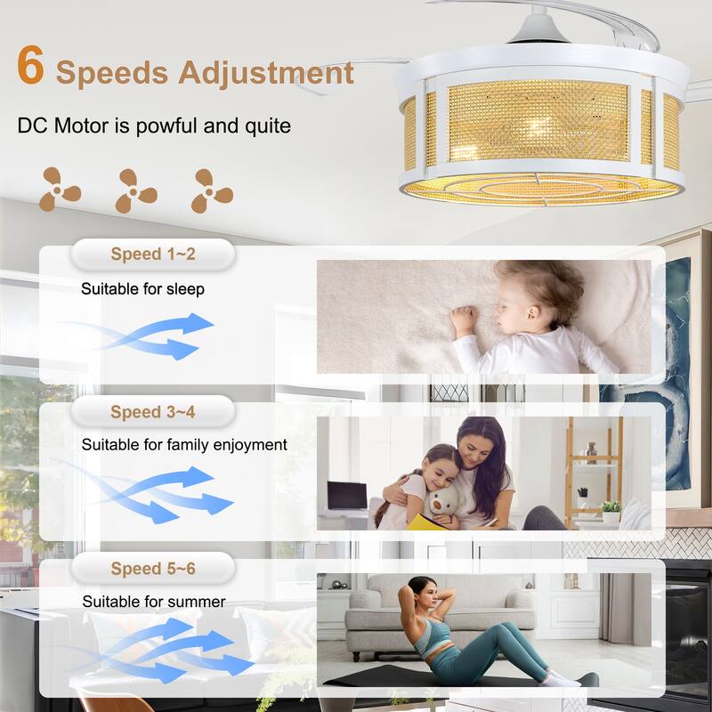 Bella Depot 42" Modern White Retractable Ceiling Fan with Light and Remote DC Motor