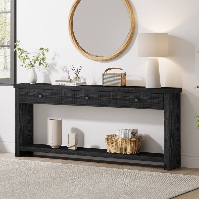 Extra Long Wood Console Table, Oak Sofa Entryway Table with 3 Drawers & Storage Shelves for Living Room, Hallway, Foyer