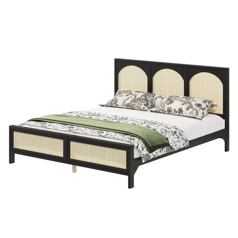 Rattan Low Profile Bed Wood Platform Bed Frame with Rattan Headboard and Footboard, Wood Slat Support, No Box Spring Needed