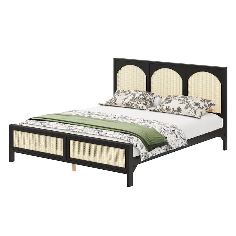 Wood Platform Bed Frame with Rattan Decorations Headboard & Footboard, Slat Support System, No Box Spring Needed, Easy Assembly