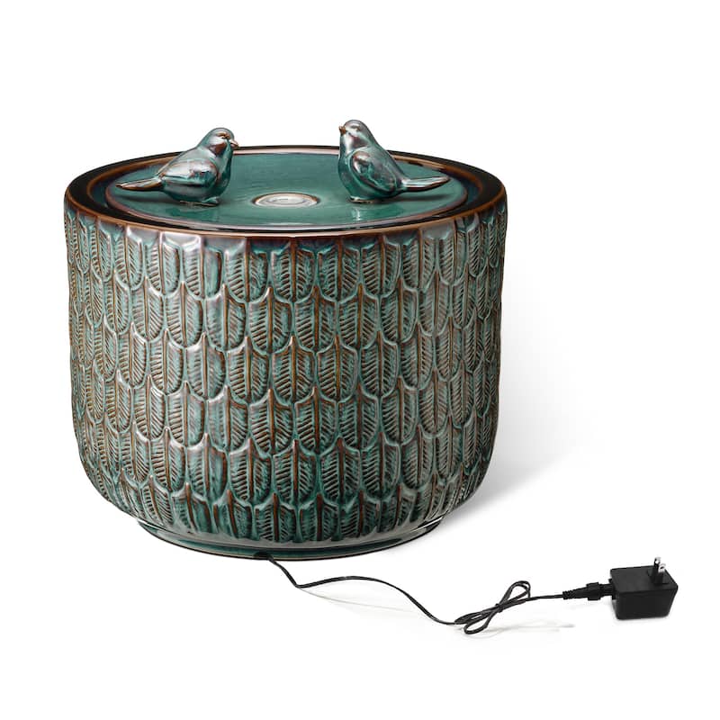 Glitzhome 15"H LED Ceramic Birdbath Outdoor Fountain with Two Birds & Leaf Pattern