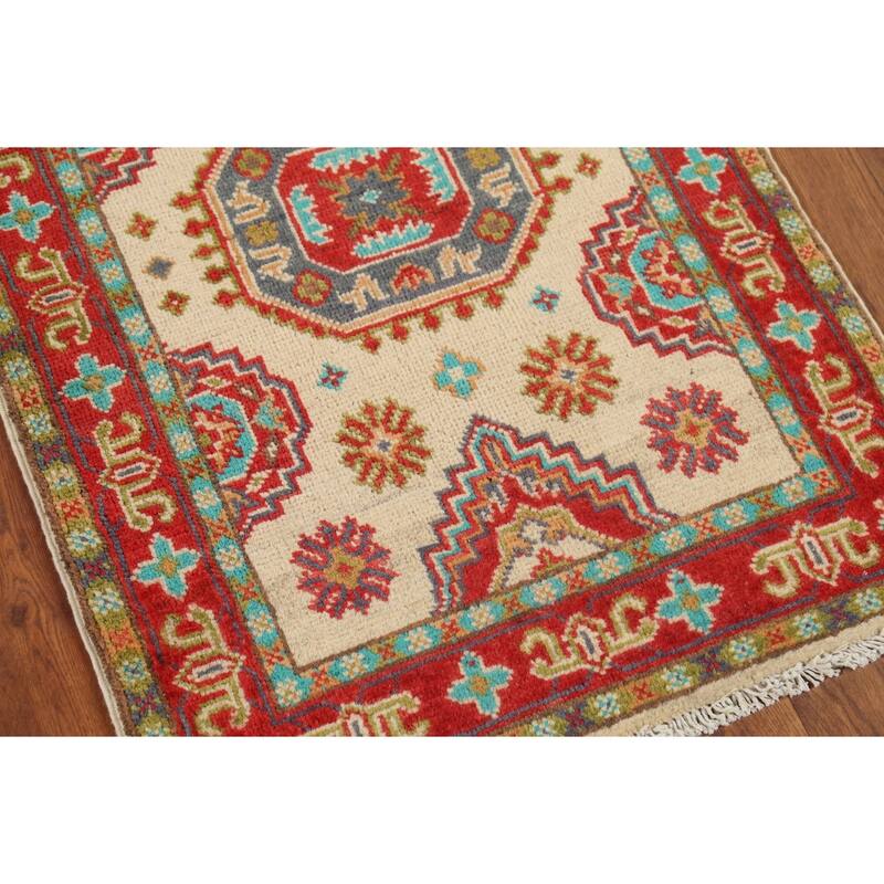 Geometric Kazak Accent Rug Hand-Knotted Beige Wool Carpet - 2'1"x 2'10"