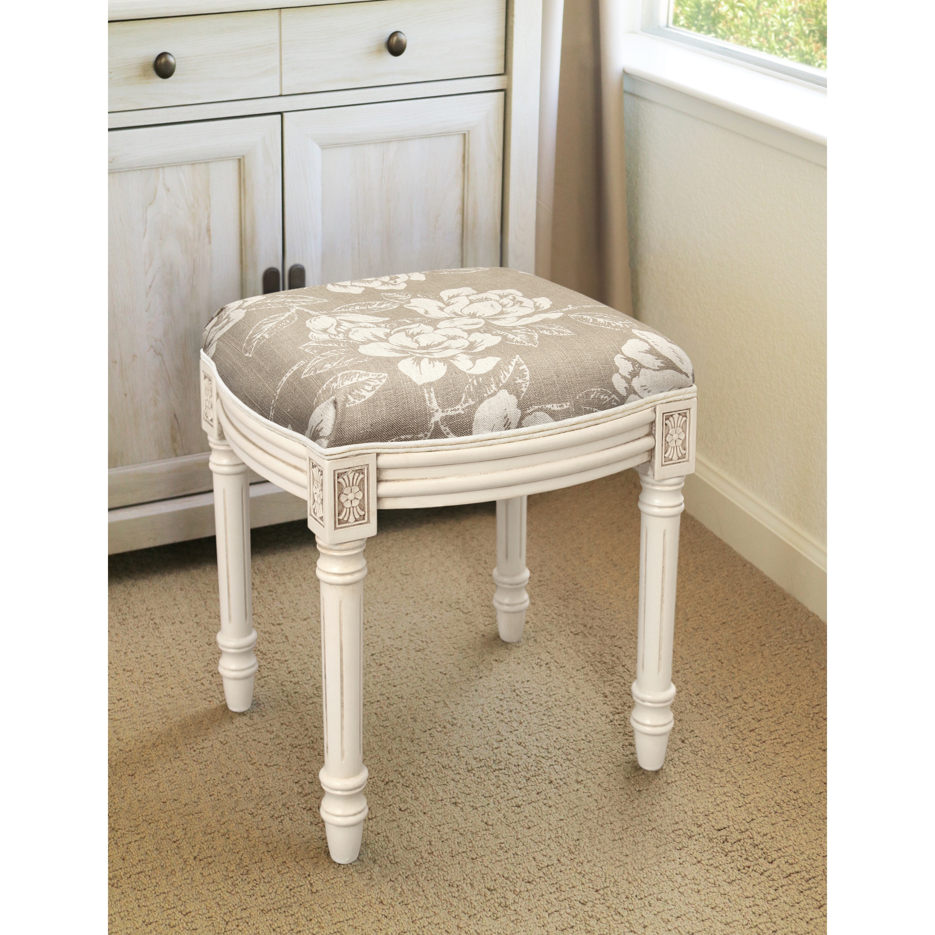 Taupe Magnolia Vanity Stool with antique white finish