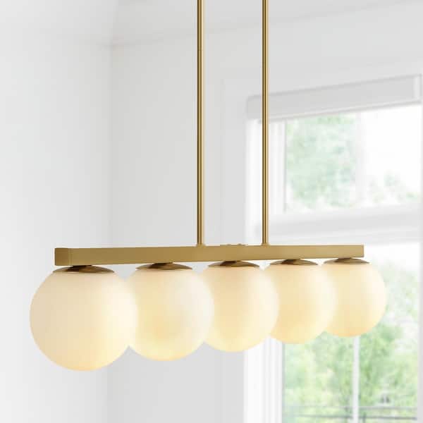 slide 2 of 26, Luca Parisian 45.5" 5-Light Modern Glam Iron Globe Linear LED Pendant by JONATHAN Y Brass Gold/Frosted