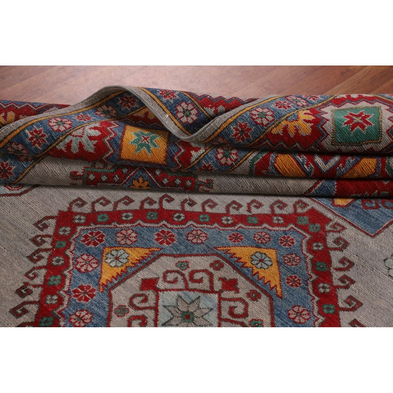 Grey Geometric Kazak Area Rug Hand-Knotted Wool Carpet - 8'2"x 11'5"