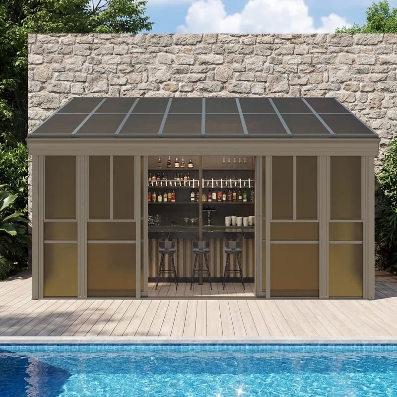 EROMMY Outdoor Sunroom, Double-Roof Hardtop Gazebo or Wall-Mounted Solarium with Sliding Doors, Aluminum Frame & Drainage System
