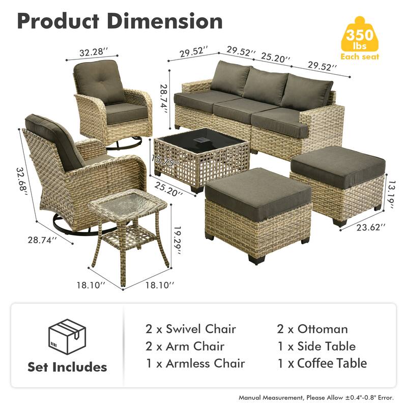 OVIOS 9 Pieces Wide Arm T shaped Seat Curved Swivel Chair Set With Solar-Powered Table