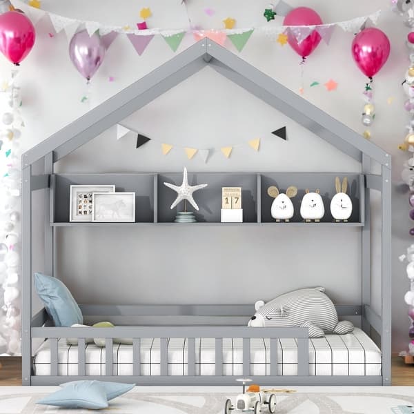 slide 2 of 9, Twin Size Wooden House Bed Kids Bed with Storage Shelf Grey