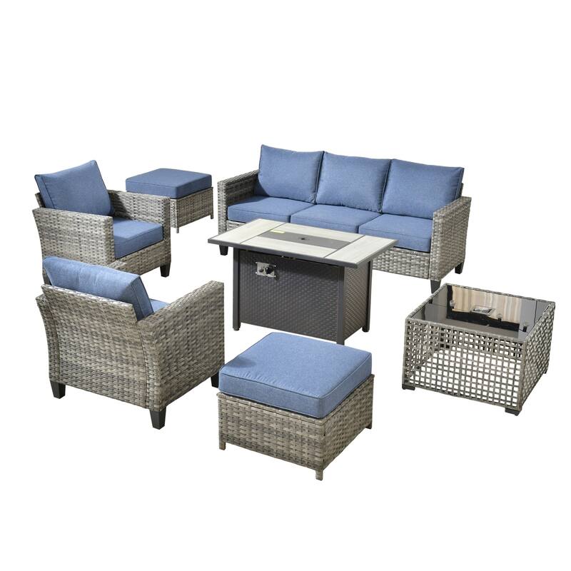 HOOOWOOO 7-piece Patio Furniture Wicker Sofa Conversation Set Fire Pit Table