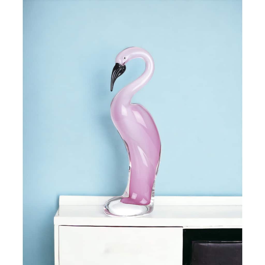 HomeRoots 15" Pink Murano Glass Flamingo Figurine Tabletop Sculpture - 4' X '14.5' X '6