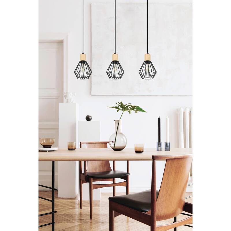 Palmorla - 3-Light Pendant - Structured Black Finish with Wood Accent - 31.50"L X 2.00"W X 8.50"H