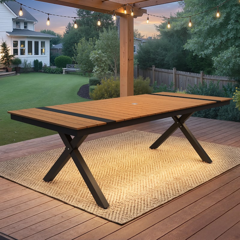 Outdoor Patio Dining Table with LED Light Strip Aluminum Rectangular X-Shaped with Umbrella Hole - Brown