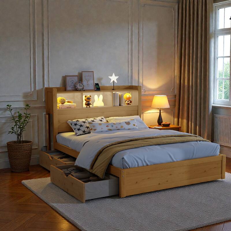 Wood Bed with Storage Headboard, Drawers and Pull Out Cabinet, Twin Full Bed with LED Light and Socket