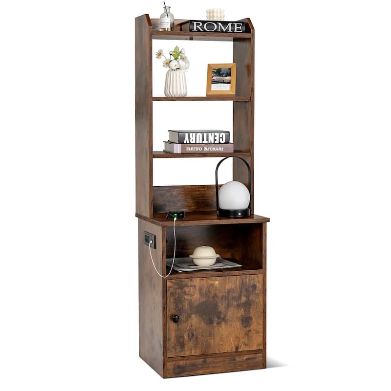Gymax Nightstand Bedside End Side Table Bookshelf w/ Charging Station - Brown