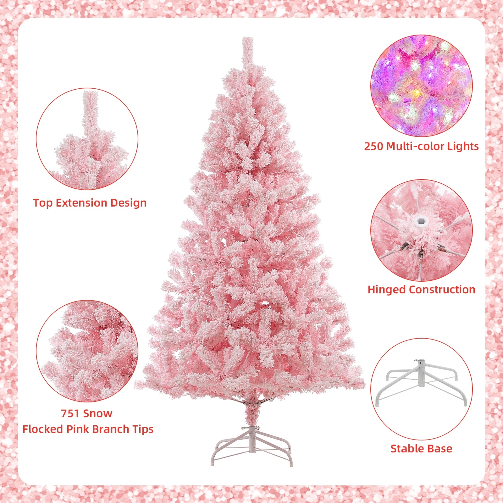 6Ft Pink Christmas Tree with 250 Multi Color LED Lights - On