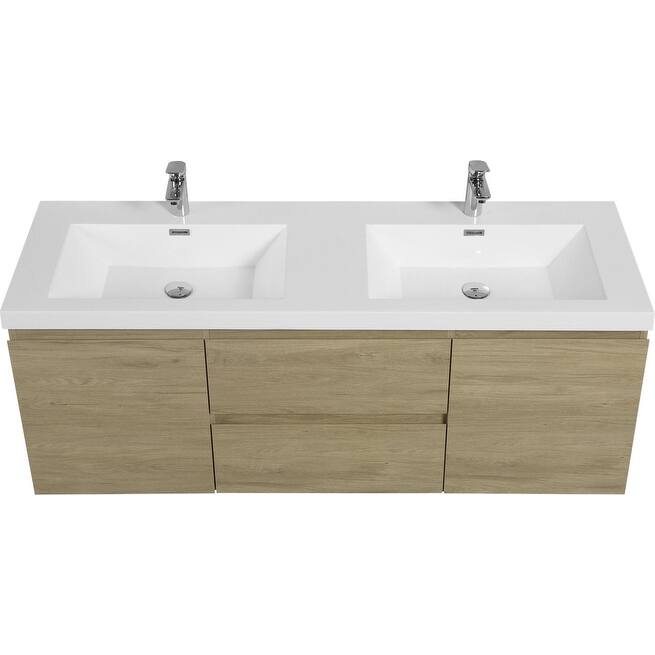 ABRUZZO 60" Floating Bathroom Double Vanity with Integrated Resin Top 2 Basins 2 Cabinets 2 Soft Close Drawers Full Assembly