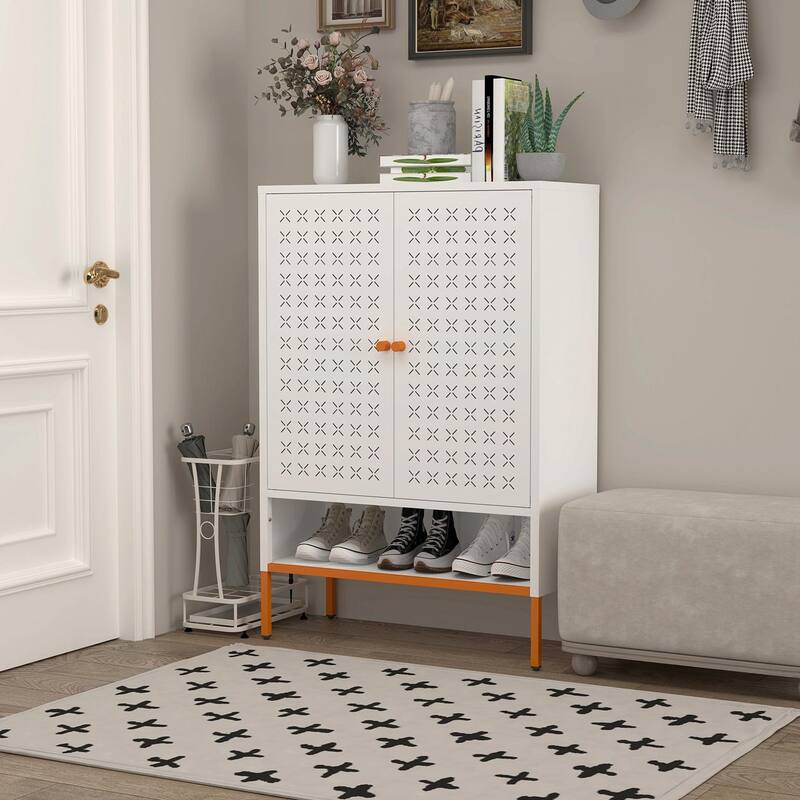Adjustable Shoe Cabinet with Butterfly Doors - Space-Saving Design - White